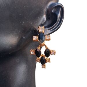 Vintage Monet Art Deco Style Black & White Rhinestone Drop Earrings